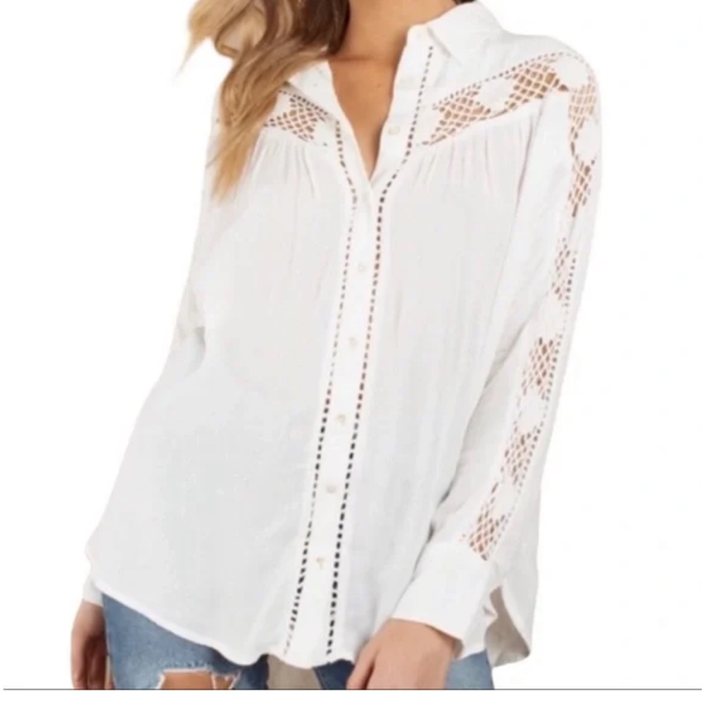 Free People Katie Bird Top White Button Down Crochet‎ Shirt Size Small